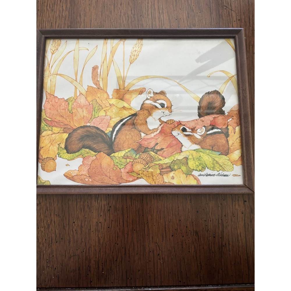 Vintage 1980s Framed Chipmunk Print Autumn Leaves Woodland Cottagecore Decor
